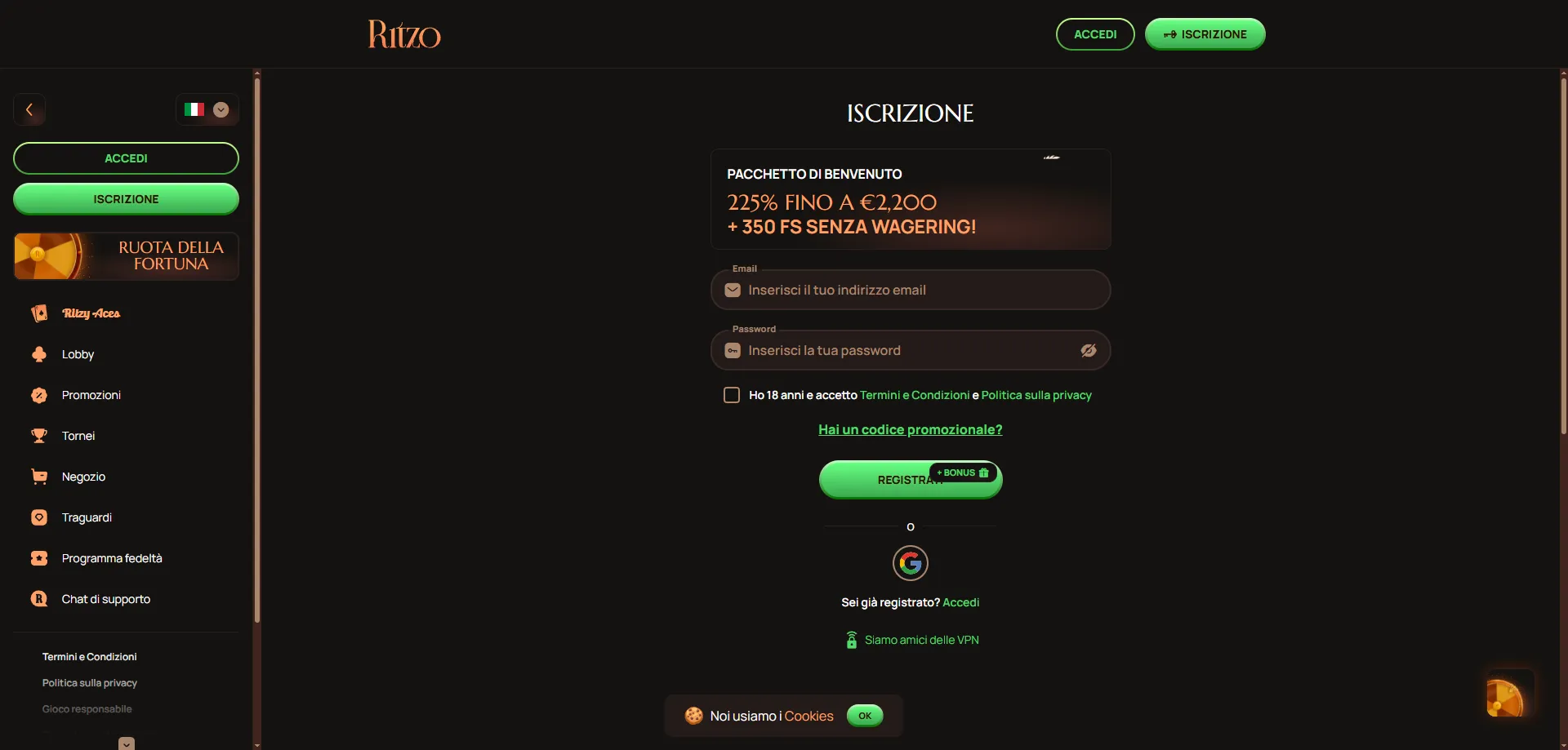 Promozioni Ritzo Casino — programma VIP e cashback 2026